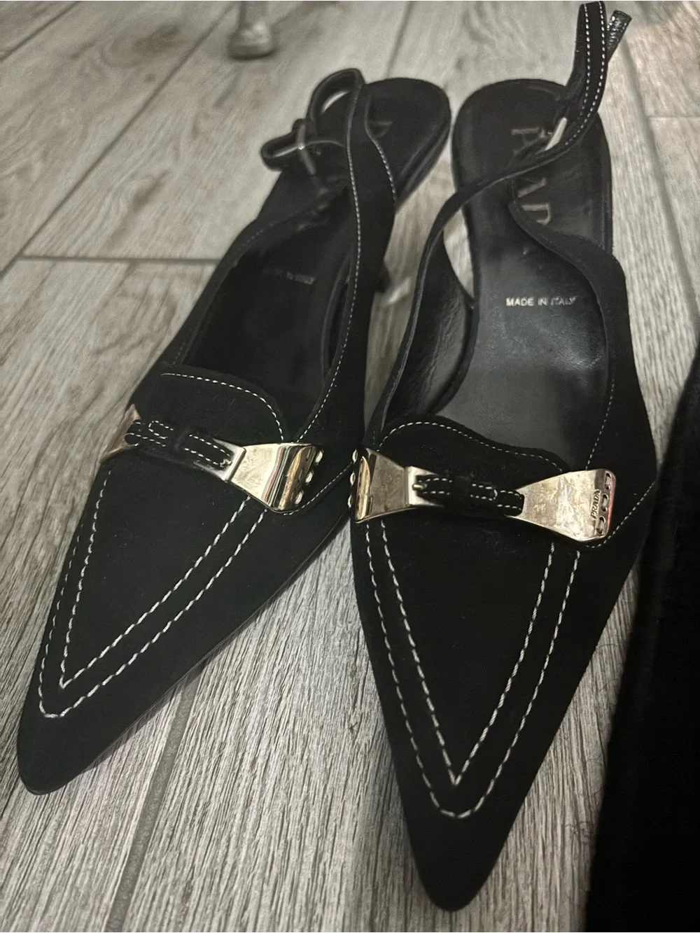 Vintage Prada Black Slingback Kitten Heels Contrast Stitch IT 38 - Picture 2 of 14